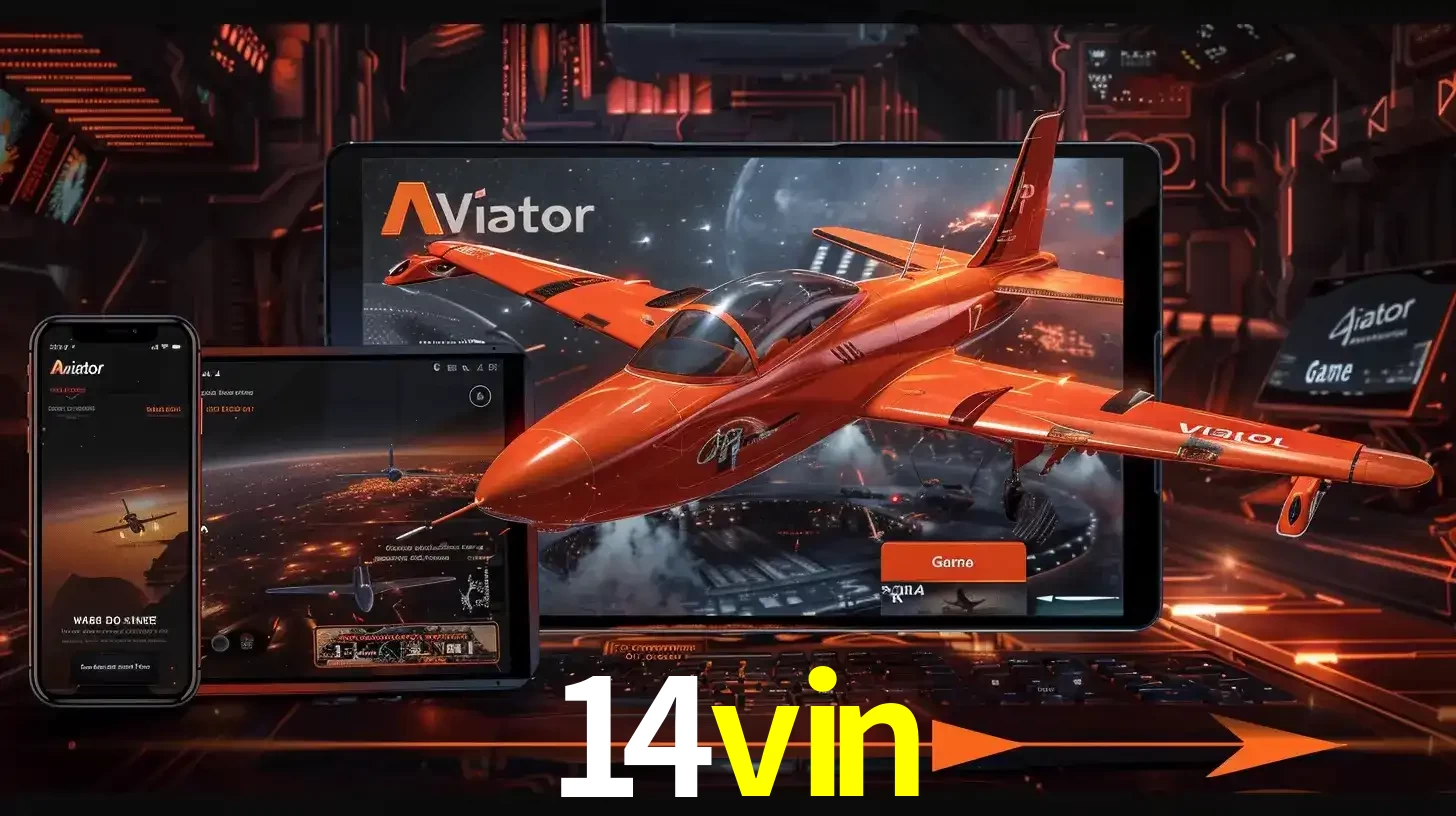 Apresentação tecnológica do jogo Aviator com um avião saindo da tela de um tablet, demonstrando a experiência imersiva em múltiplos dispositivos no 14vin.