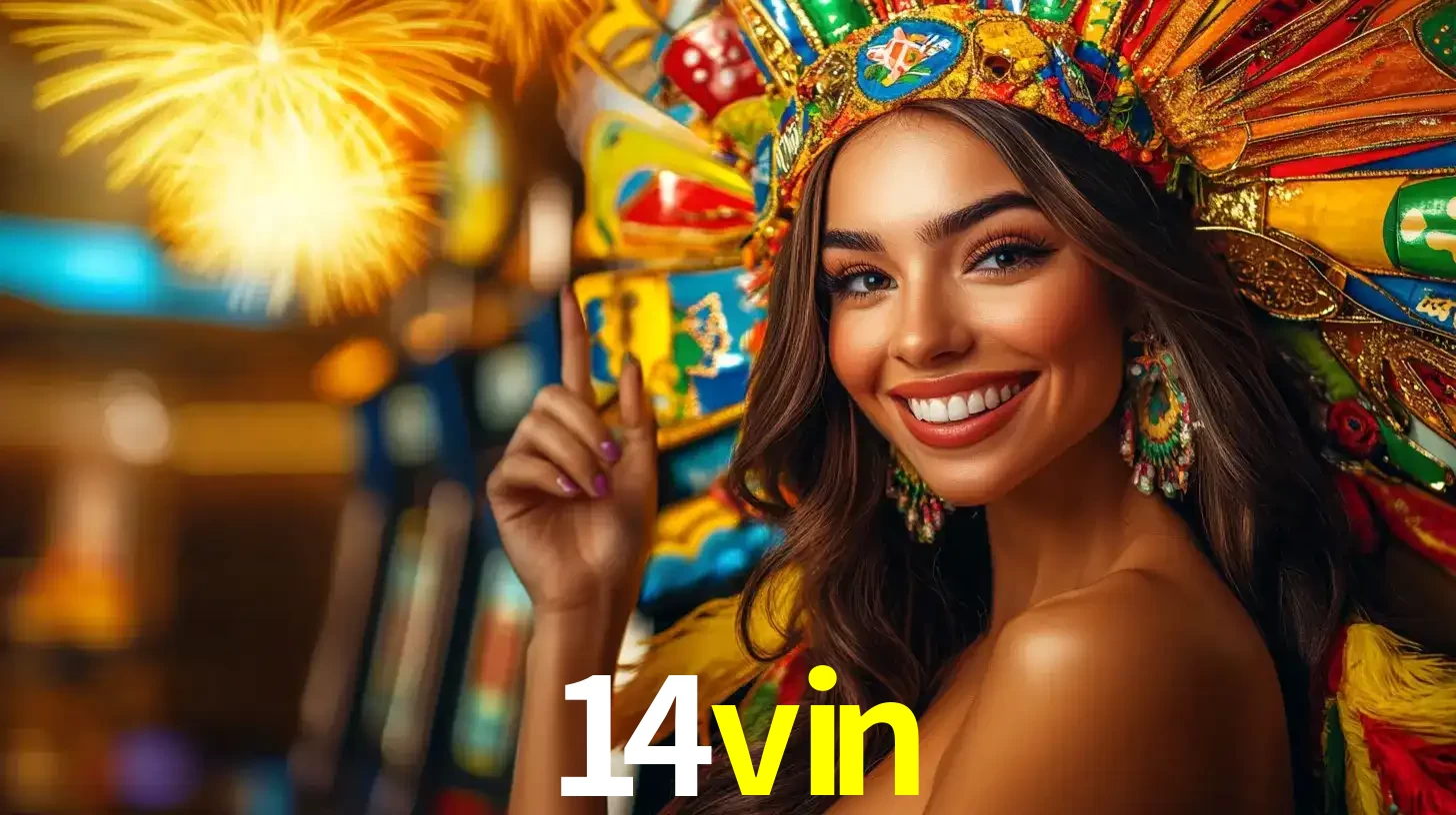 Mulher sorridente com um cocar de carnaval vibrante e colorido, celebrando uma grande vitória nos jogos do cassino 14vin com fogos de artifício ao fundo.