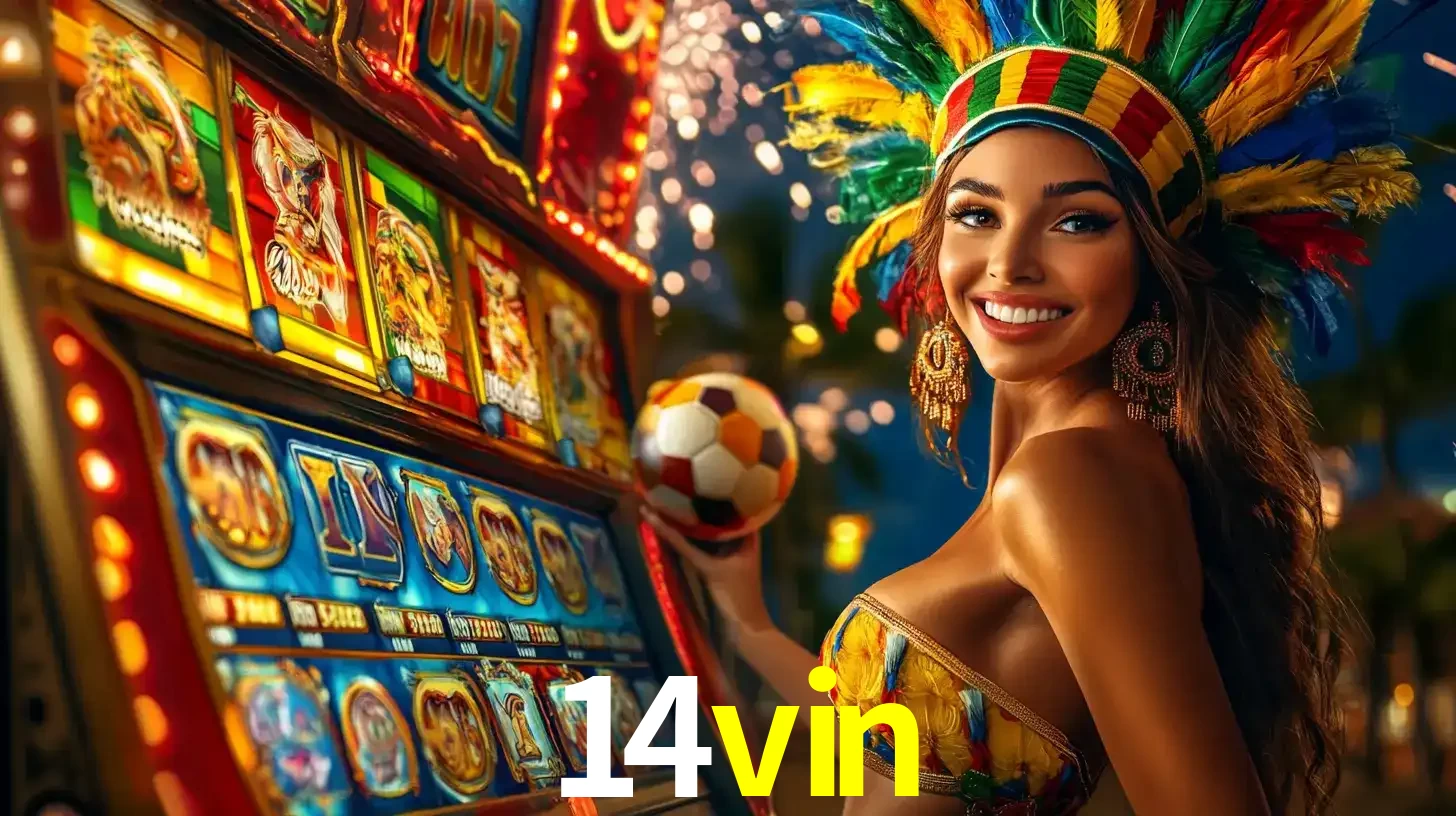 Mulher com um cocar de carnaval ao lado de uma máquina de caça-níqueis enquanto segura uma bola de futebol, mostrando a união da diversão de cassino e esportes no 14vin.