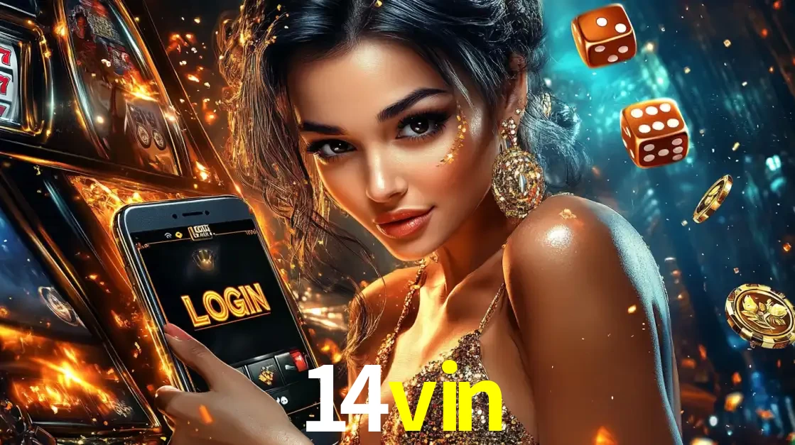 Mulher glamourosa segurando um celular com a tela de login do cassino 14vin, rodeada por dados e moedas douradas, pronta para começar a diversão.