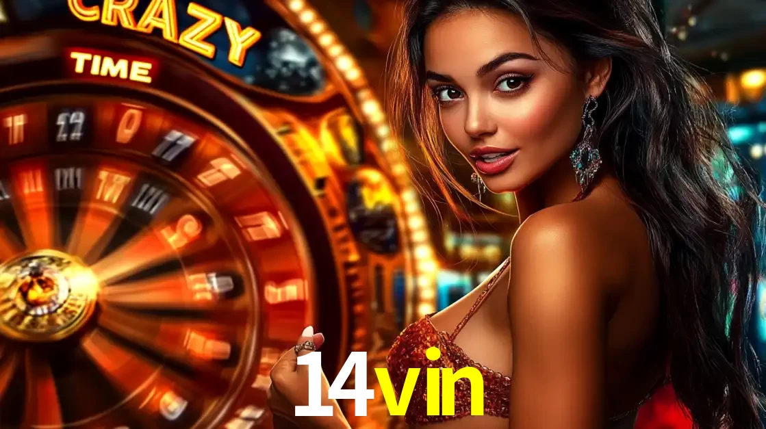 Mulher ao lado da roda de prêmios do jogo de cassino ao vivo Crazy Time, um dos shows de jogos mais emocionantes oferecidos pela plataforma de apostas 14vin.