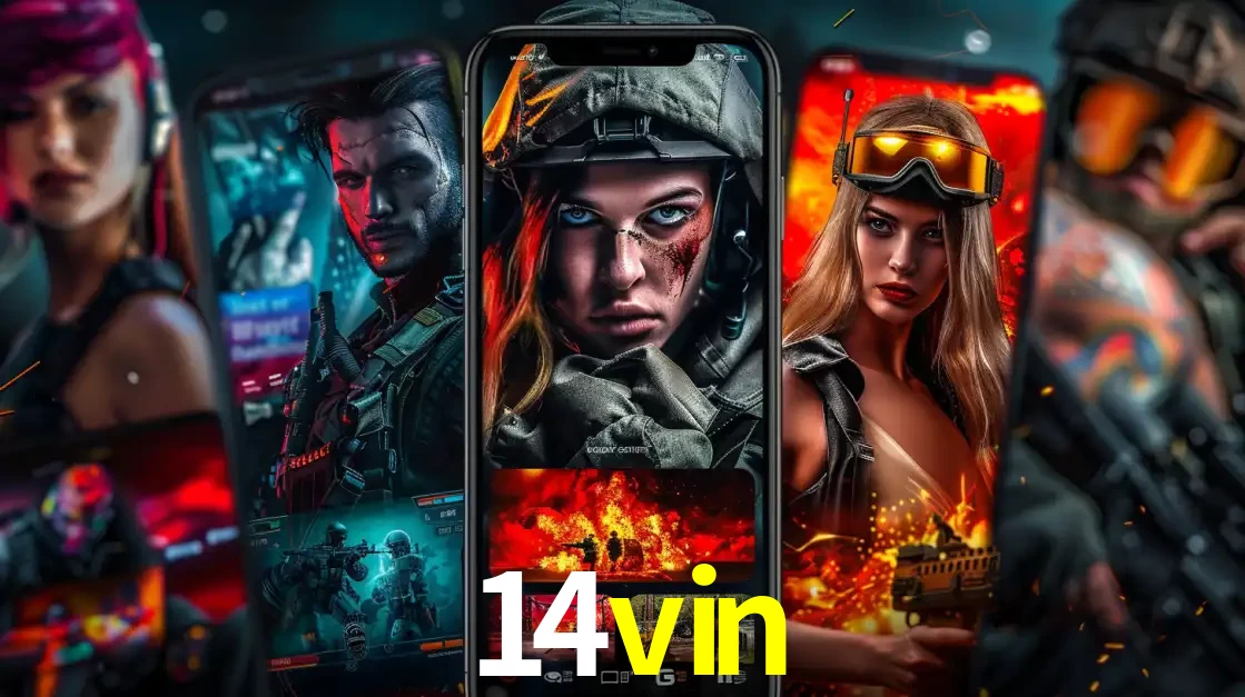 Montagem de telas de celular mostrando diversos personagens, masculinos e femininos, de um jogo de tiro, ilustrando a diversidade de equipes de e-sports para apostar no 14vin.