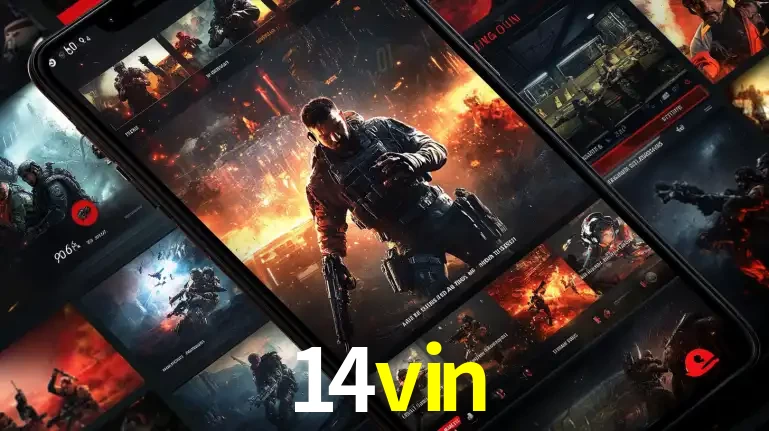 Tela de um celular exibindo uma galeria de jogos de tiro com temática militar, mostrando a variedade de e-sports disponíveis para apostas na plataforma de entretenimento 14vin.