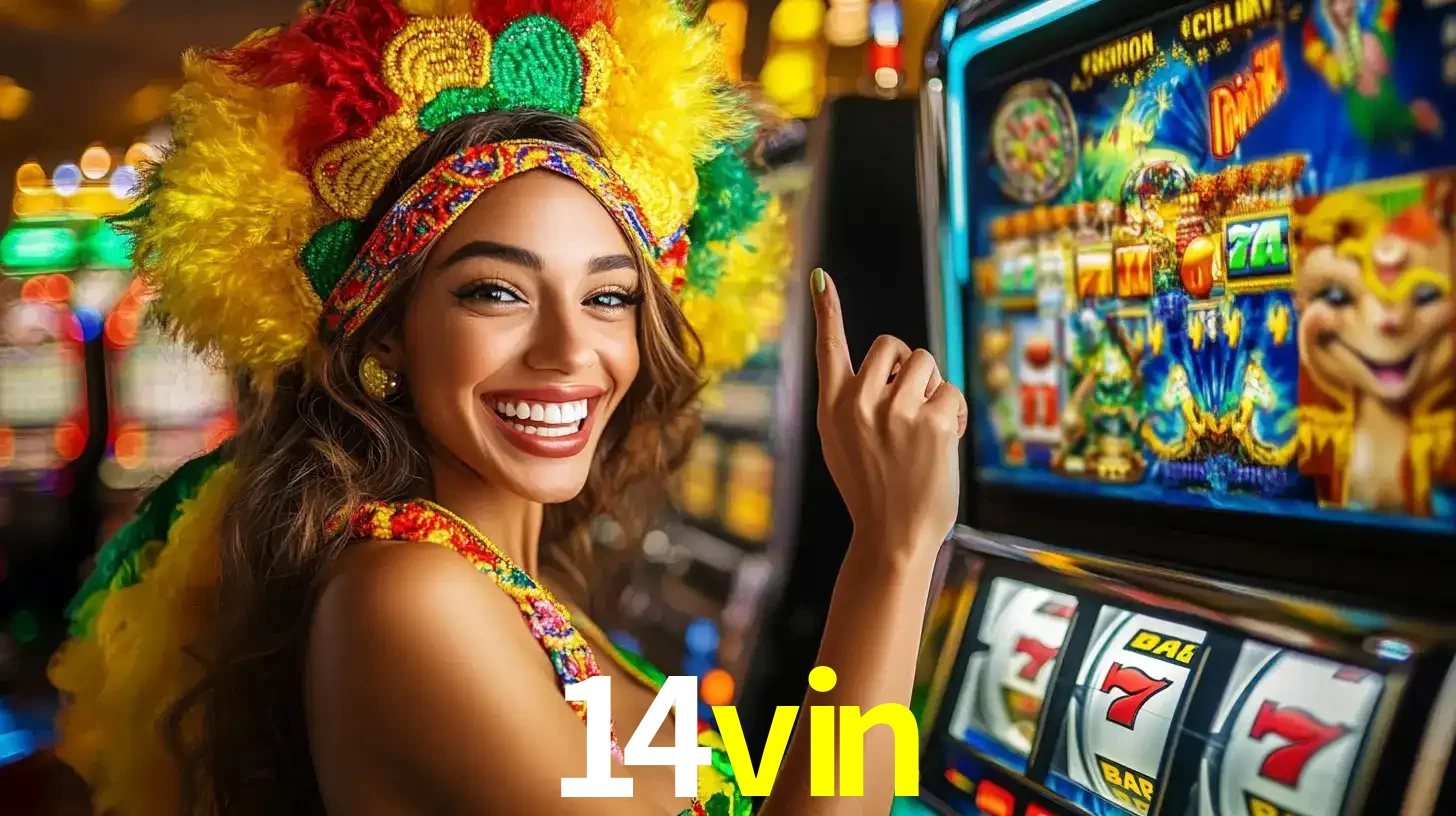 Mulher animada com um cocar de carnaval apontando para uma máquina de caça-níqueis, mostrando a emoção de ganhar um grande prêmio nos jogos do 14vin.