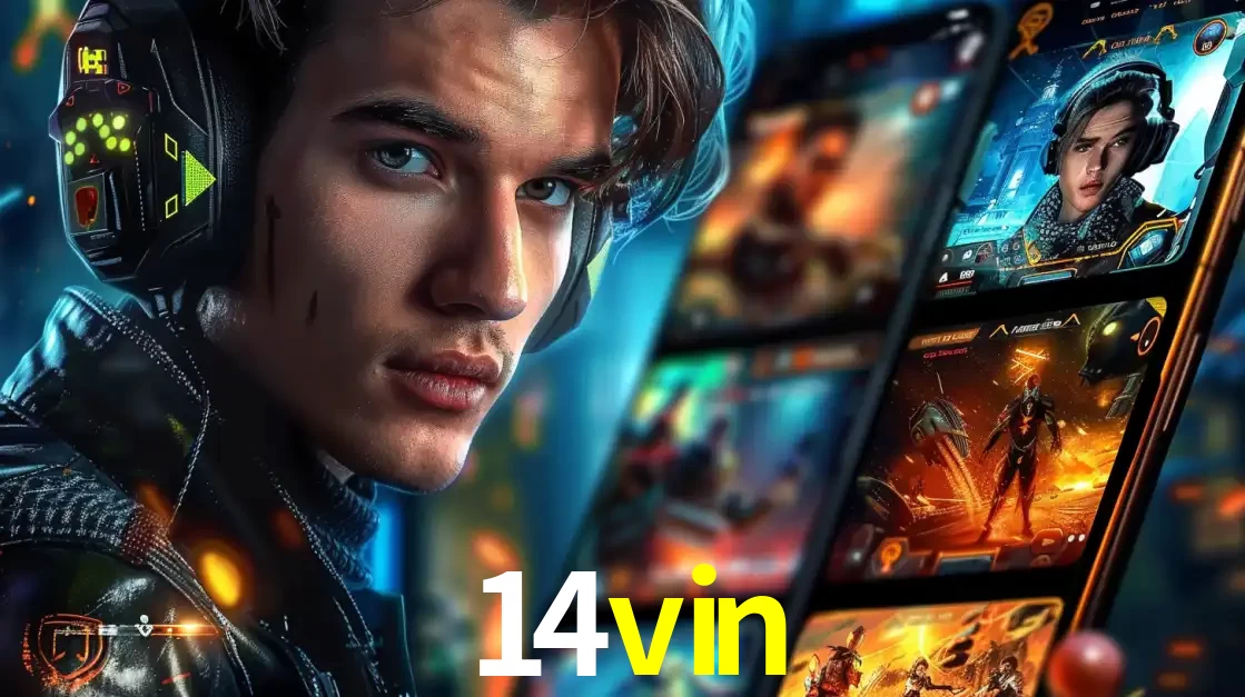 Jovem jogador com fones de ouvido olhando para a câmera, com um aplicativo de jogos e e-sports para celular ao fundo, pronto para a competição e apostas no 14vin.