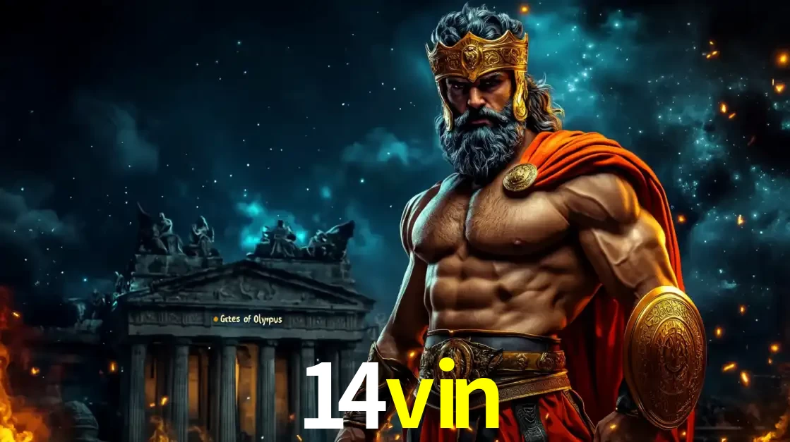 O poderoso Zeus do jogo de slot Gates of Olympus em frente ao seu templo, pronto para lançar multiplicadores divinos e prêmios épicos no cassino online 14vin.