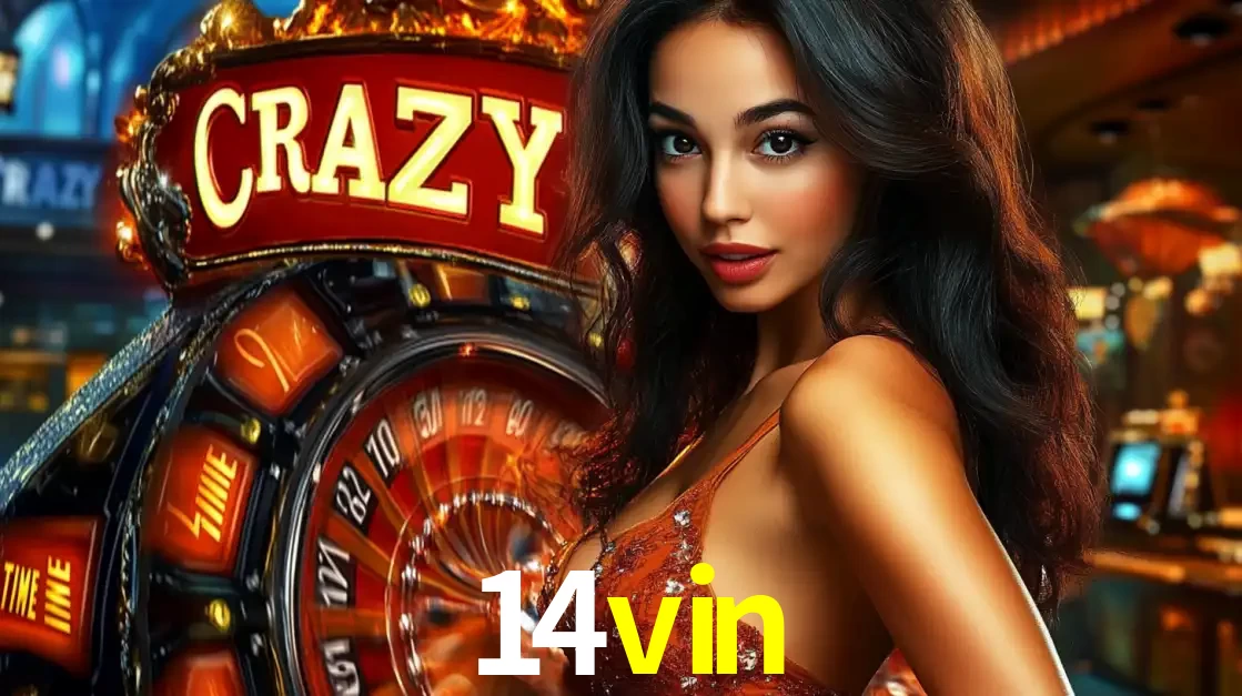 Mulher glamourosa olhando para a câmera com a roda vermelha do Crazy Time ao fundo em um ambiente de cassino, destacando a emoção dos jogos ao vivo no 14vin.