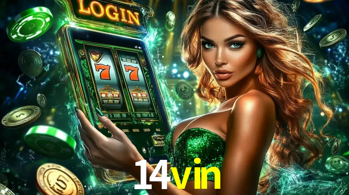 Mulher com tema verde apresentando o aplicativo do cassino 14vin com um jogo de slot de 777, cercada por fichas de cassino e uma aura de sorte.