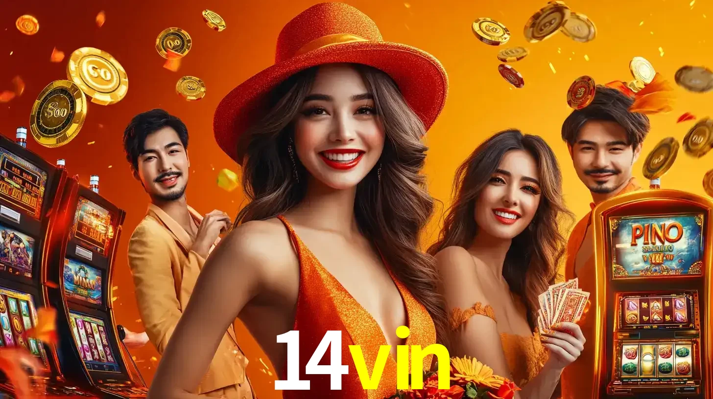 Grupo de amigos asiáticos sorrindo e se divertindo com máquinas de caça-níqueis em um ambiente festivo, celebrando suas vitórias nos jogos de cassino do 14vin.