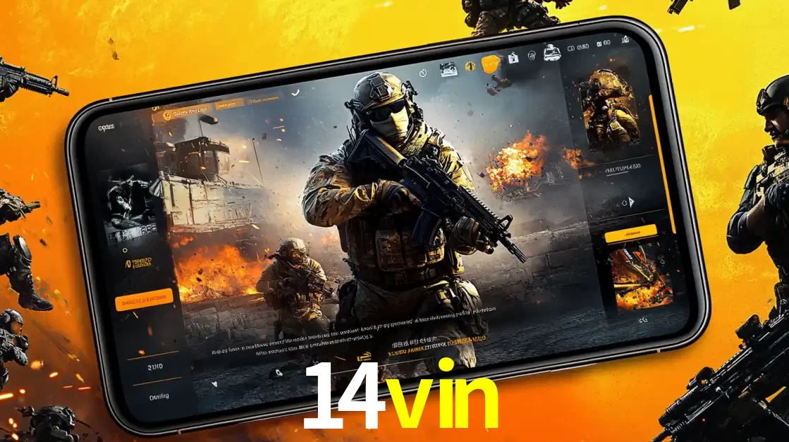 Um smartphone exibindo a interface de um jogo de tiro em primeira pessoa, com um soldado em um cenário de batalha, representando a ação dos e-sports para apostar no 14vin.