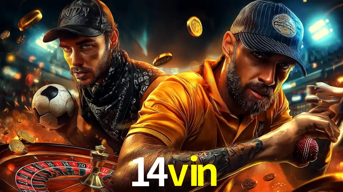 Montagem de apostas esportivas e cassino no 14vin, com um homem segurando uma bola de futebol e outro uma de beisebol sobre uma roleta e moedas voadoras.