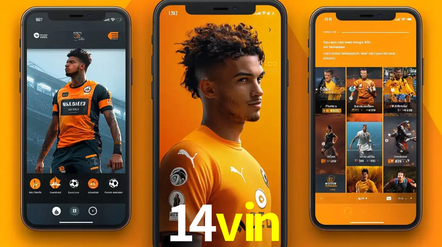 Interface do aplicativo de apostas esportivas 14vin em três telas de celular, mostrando o perfil de um jogador de futebol e a lista de jogos disponíveis para apostar.