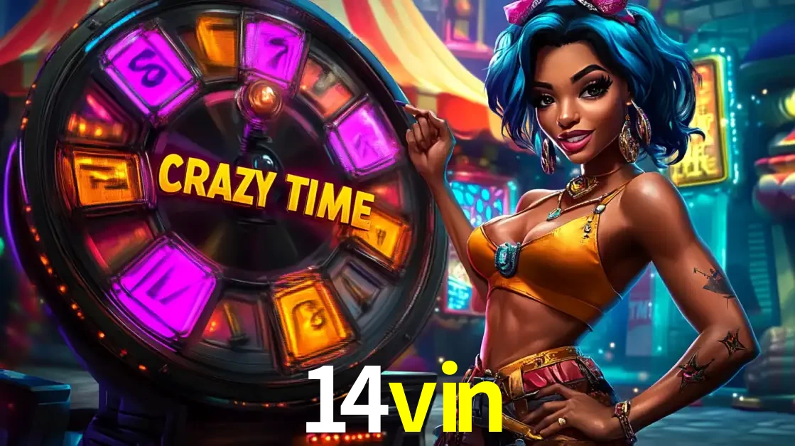 Mulher estilizada com cabelo azul e visual vibrante posando ao lado da roda de prêmios do game show Crazy Time, convidando para a diversão e os bônus do cassino 14vin.