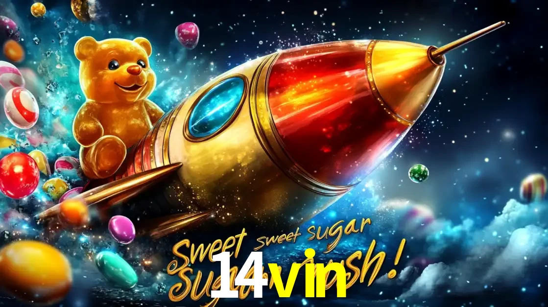 Arte promocional do jogo de slot Sugar Rush, com um urso de pelúcia em um foguete viajando pelo espaço de doces, um dos jogos divertidos disponíveis no cassino 14vin.