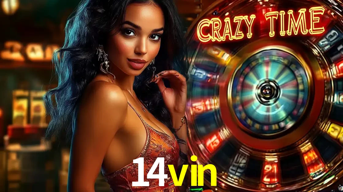 Mulher elegante ao lado da vibrante roda da fortuna do jogo de cassino ao vivo Crazy Time, um dos game shows mais populares e cheios de prêmios do 14vin.