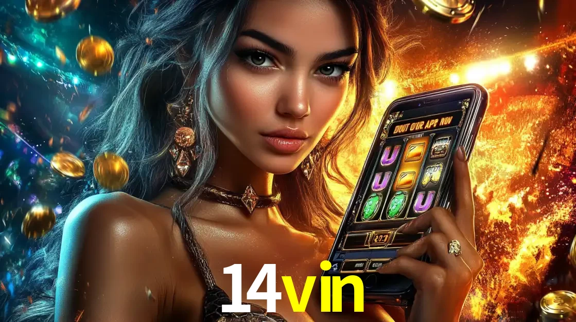 Mulher elegante mostrando um jogo de caça-níqueis em seu smartphone, destacando a experiência de cassino móvel oferecida pelo aplicativo 14vin.