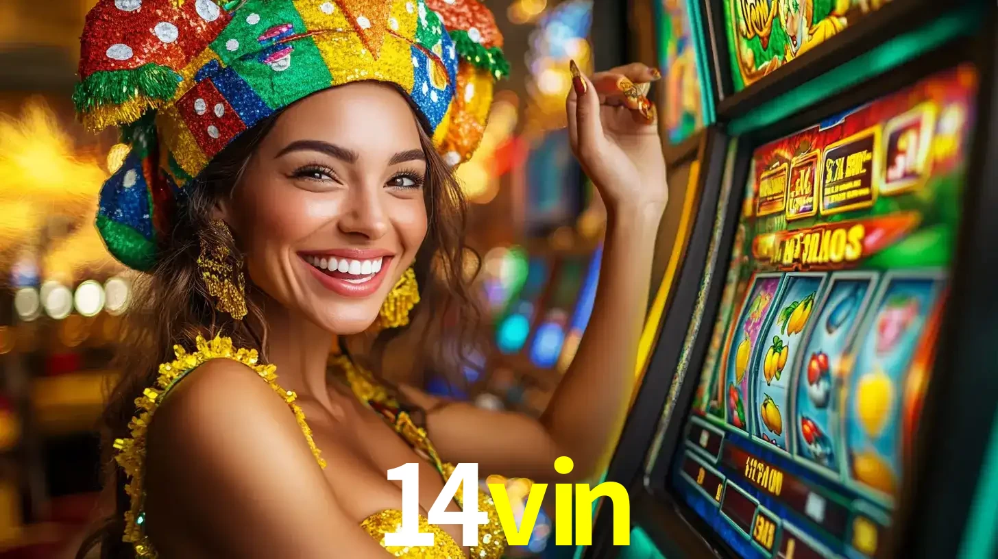 Mulher feliz com traje de carnaval amarelo e colorido ao lado de uma máquina de caça-níqueis, aproveitando a diversão e os jogos temáticos do cassino 14vin.