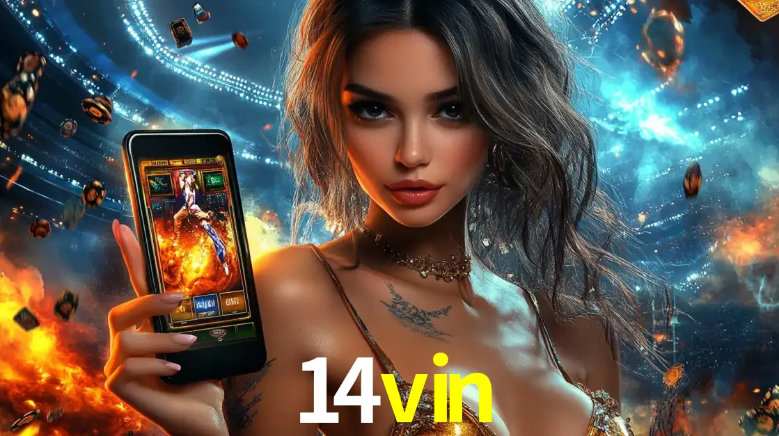 Mulher segurando um celular com um jogo de slot em destaque, tendo como fundo um estádio vibrante, simbolizando a emoção de jogar no cassino móvel 14vin.