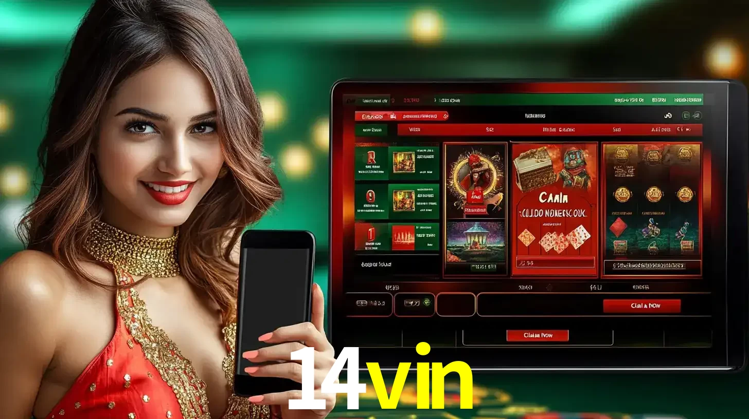Mulher sorridente segurando um smartphone, ao lado de uma tela exibindo o lobby de jogos do cassino online 14vin, com várias opções de jogos de cartas e slots.